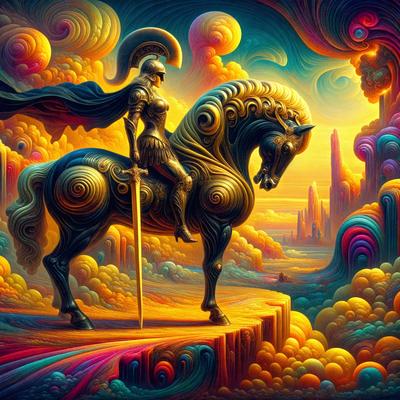 Primary subject: A woman riding a horse.

Setting/background: A colorful, surreal landscape with a castle in the background.

Visual style: Digital art.

Colors and mood: The image is vibrant and full of color, creating a whimsical and imaginative atmosphere.
